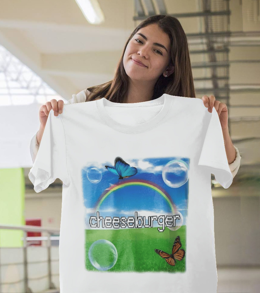 Cheeseburger Pixel Text Rainbow Butterflies Floating Bubbles T-Shirt