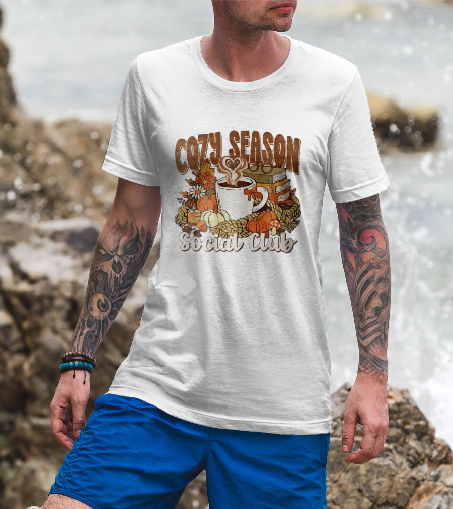 Cozy Season Social Club Coffee Books Pumpkins Knitted Blanket Autumn Vibes T-Shirt