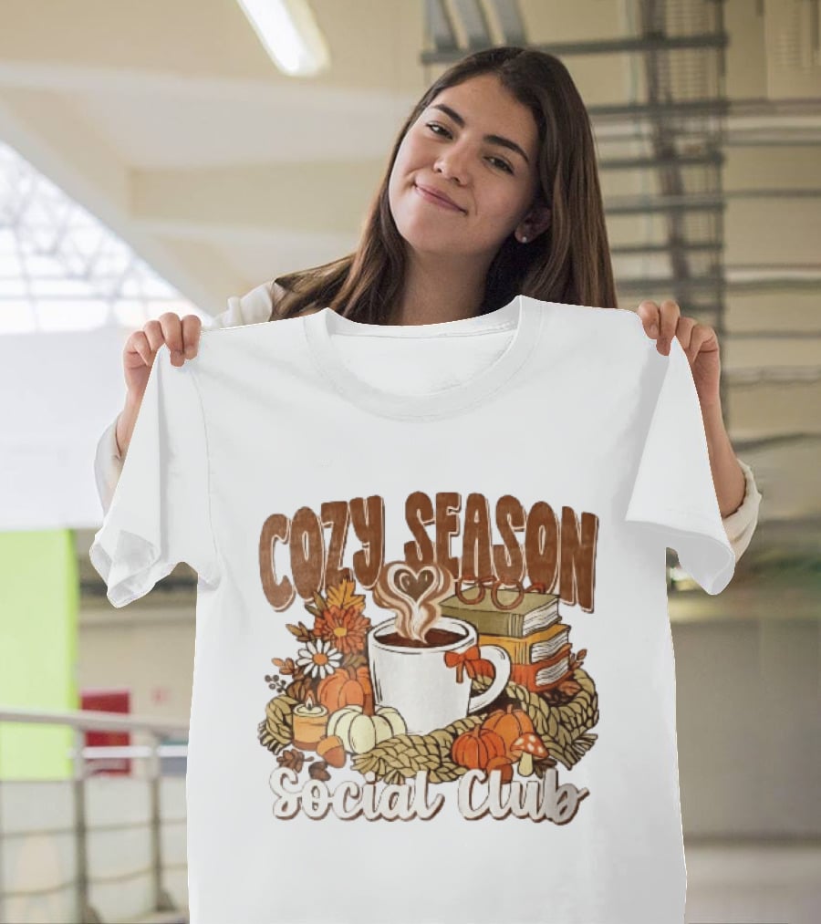 Cozy Season Social Club Coffee Books Pumpkins Knitted Blanket Autumn Vibes T-Shirt