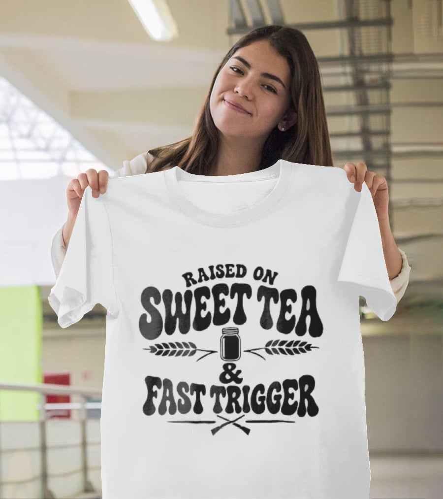 Raised On Sweet Tea Fast Trigger Mason Jar Wheat Stalks Crossed Rifles T-Shirt