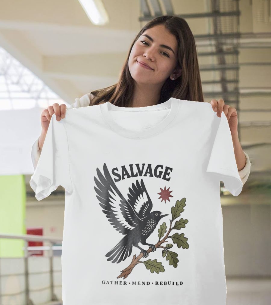 Salvage Gather Mend Rebuild Bird On Oak Branch With Acorns T-Shirt