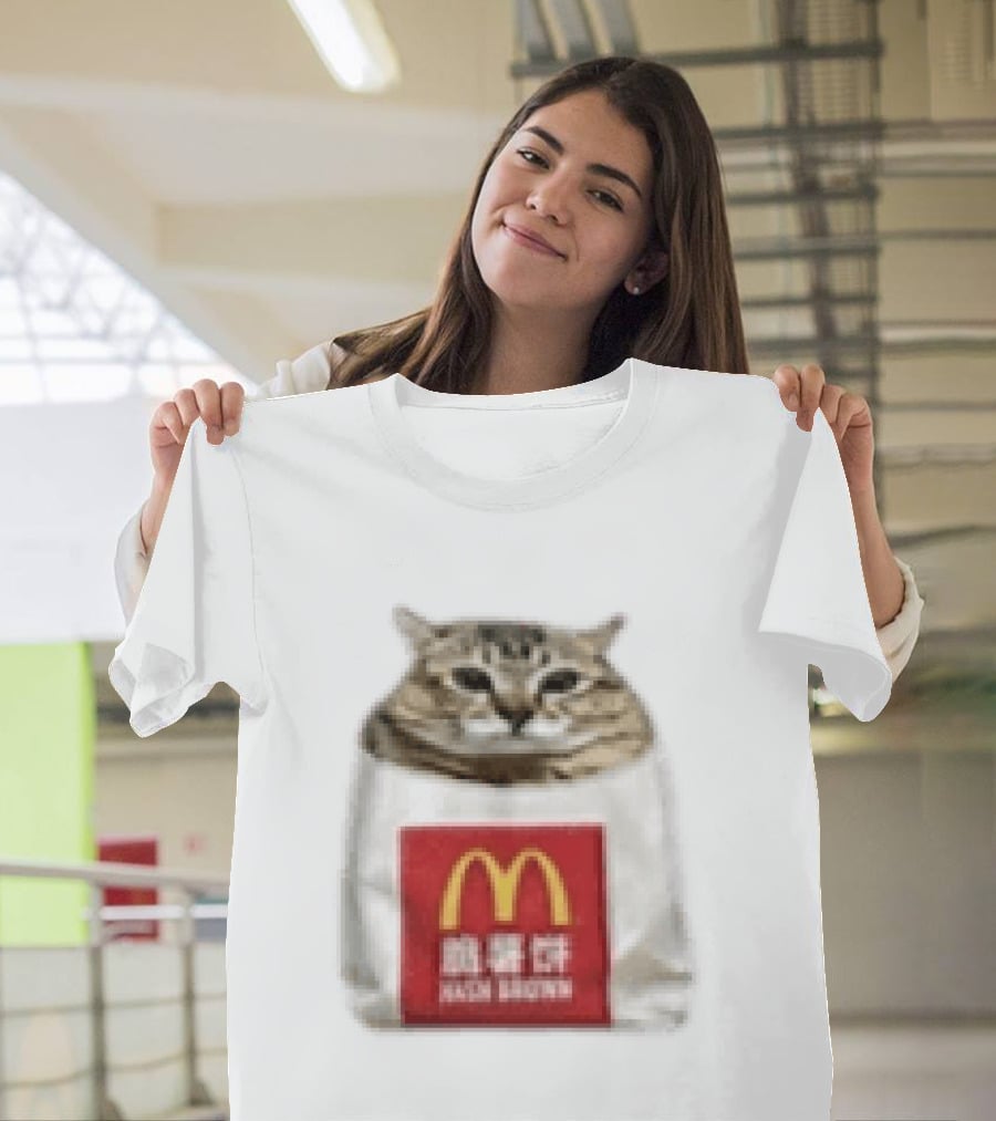 Happy Mei Mei Cat In McDonald's Hash Brown Bag T-Shirt
