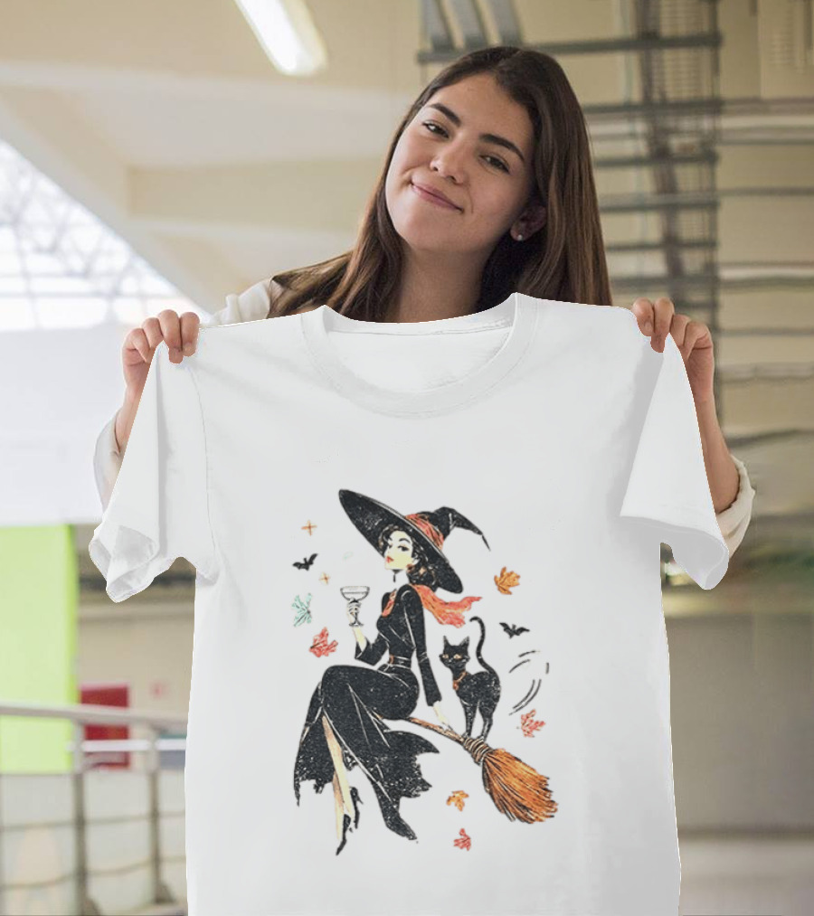 Witch Cat Ringer Spooky Fall Pumpkin Halloween Vintage Witch And Black Cat On Broomstick With Coffee Cup And Autumn Leaves T-Shirt