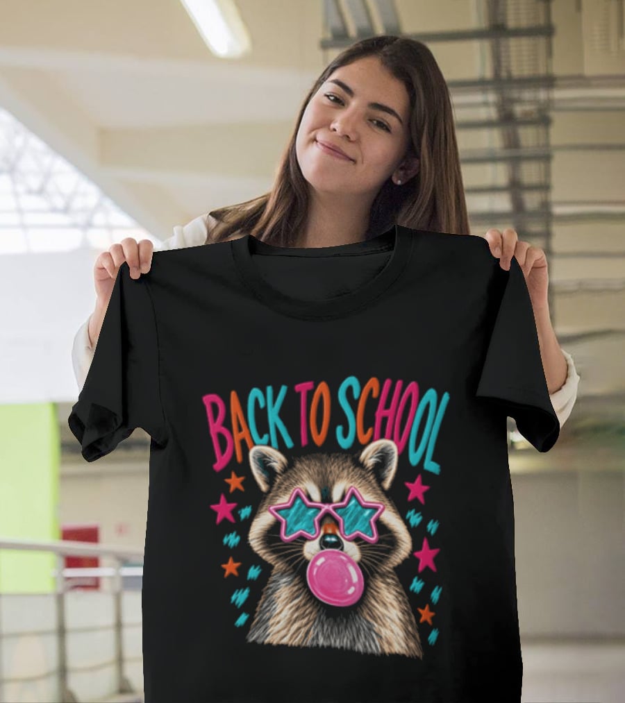 Back To School Raccoon Bubble Gum Star Sunglasses Fun Fashion T-Shirt