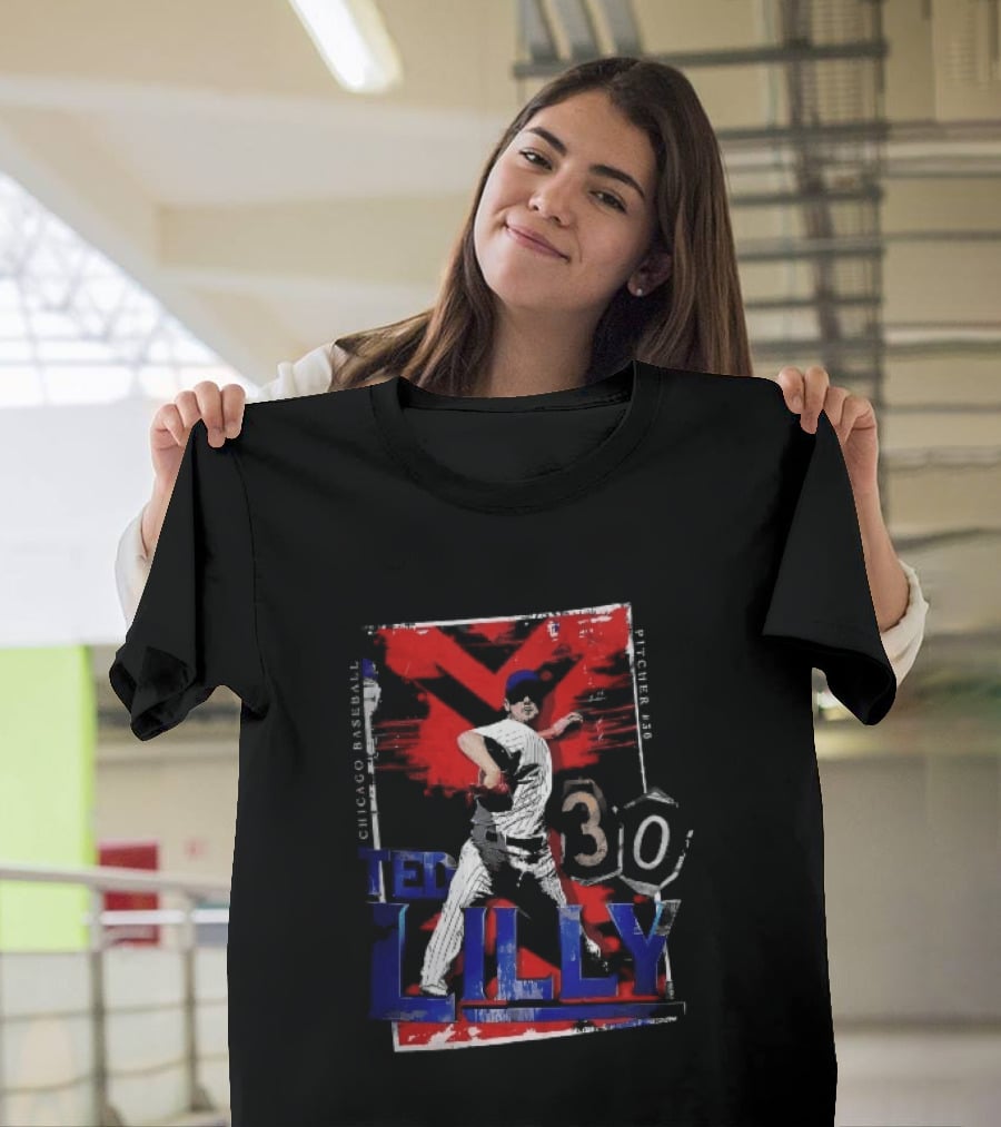 Chicago Baseball MLB Pitcher Ted Lilly 30 Distressed Red Black Collage Throwing Photo T-Shirt