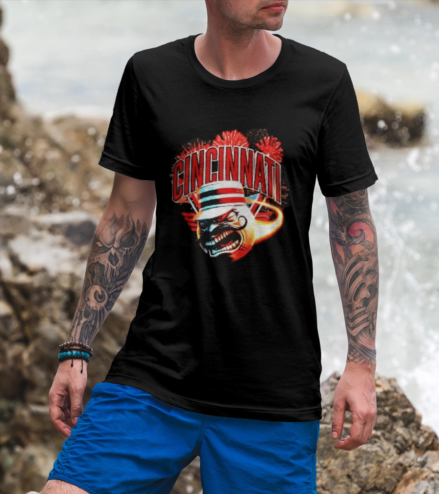 Cincinnati Reds Angry Pillbox Hat Fireball Fireworks MLB T-Shirt