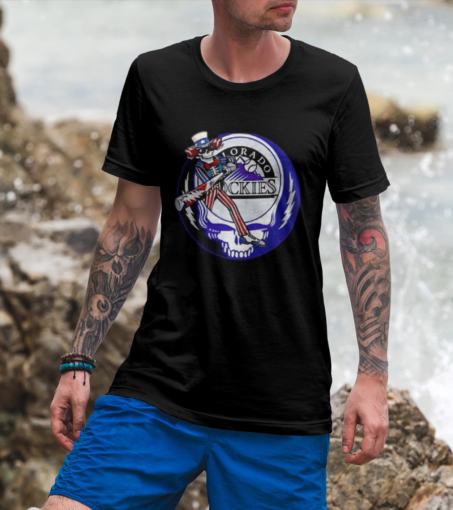 Colorado Rockies Grateful Dead Uncle Sam Skeleton Batting Lightning Stealie Skull T-Shirt