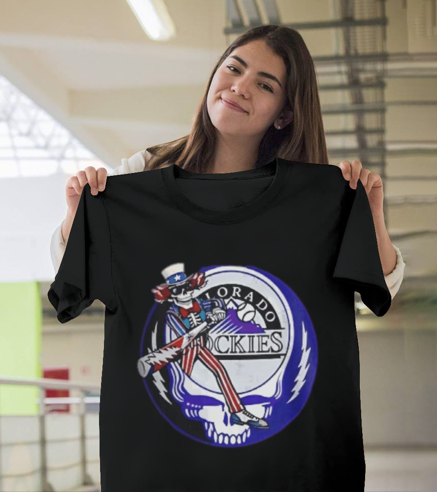 Colorado Rockies Grateful Dead Uncle Sam Skeleton Batting Lightning Stealie Skull T-Shirt