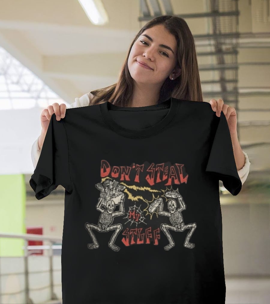 Don't Steal My Stuff Skeletons Motorcycle Engine Lightning Spiderweb T-Shirt
