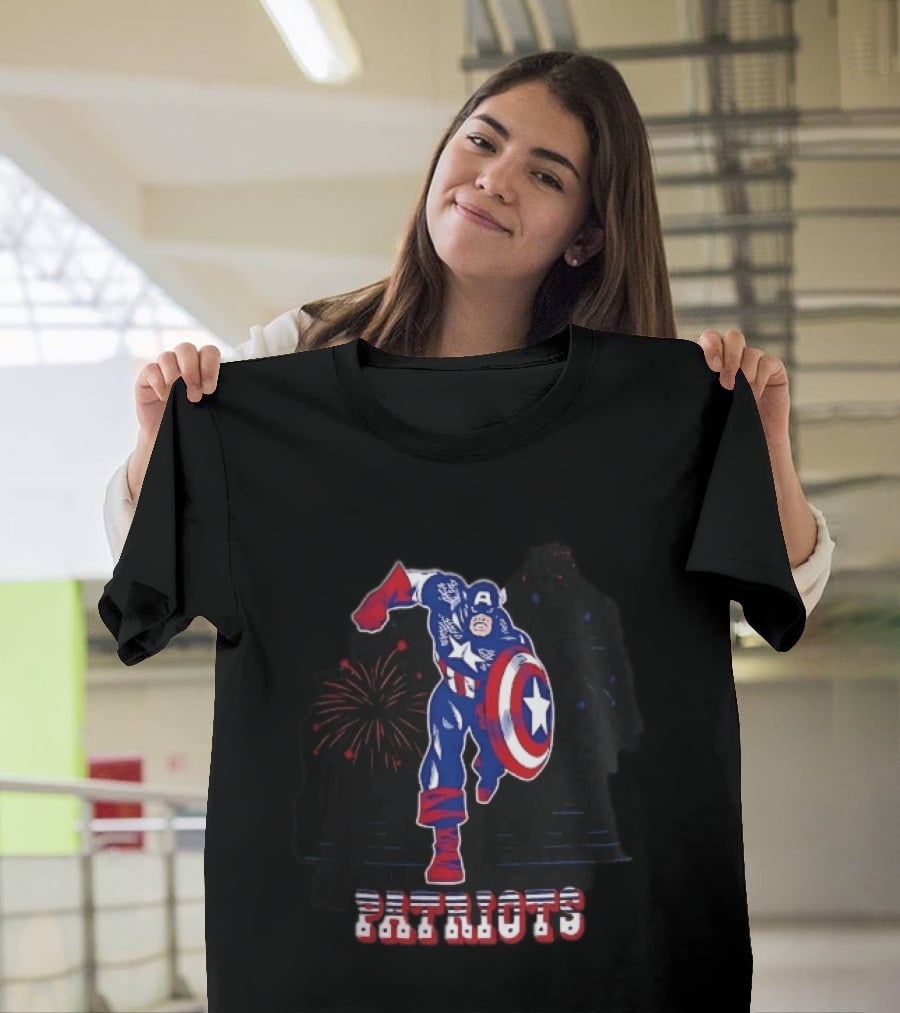 Patriots Captain America Shield Fireworks Cartoon T-Shirt