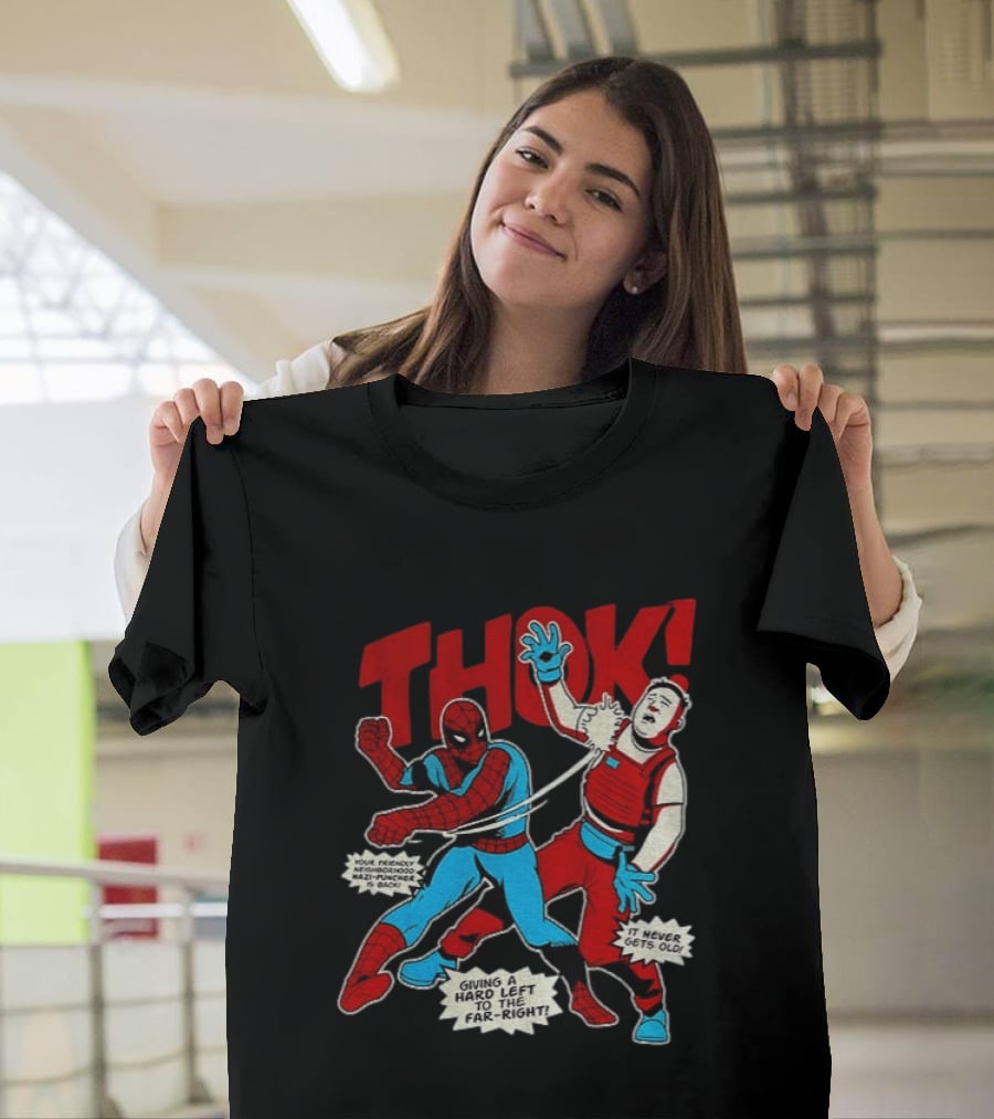 Spider Man Thok Giving A Hard Left To The Far Right Nazi Puncher Comic T-Shirt