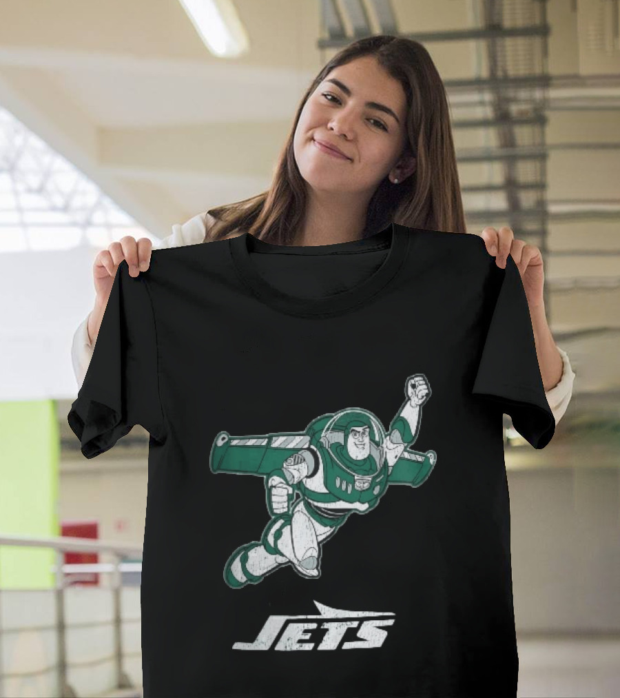 Buzz Lightyear Flying New York Jets Distressed Cartoon T-Shirt