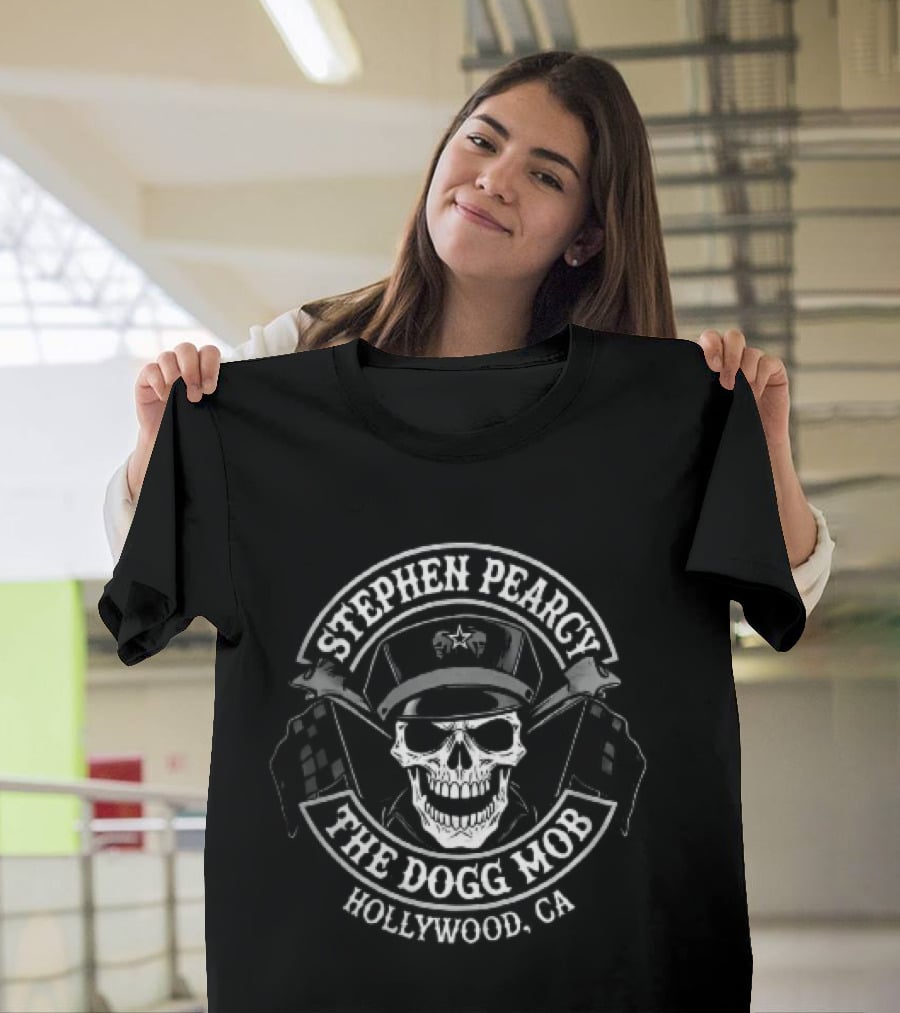 Stephen Pearcy The Dogg Mob Hollywood CA Skull Biker Cap Checkered Flags T-Shirt