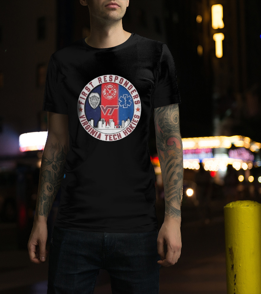 Virginia Tech Hokies First Responders Police Fire Dept EMS Star Skyline T-Shirt