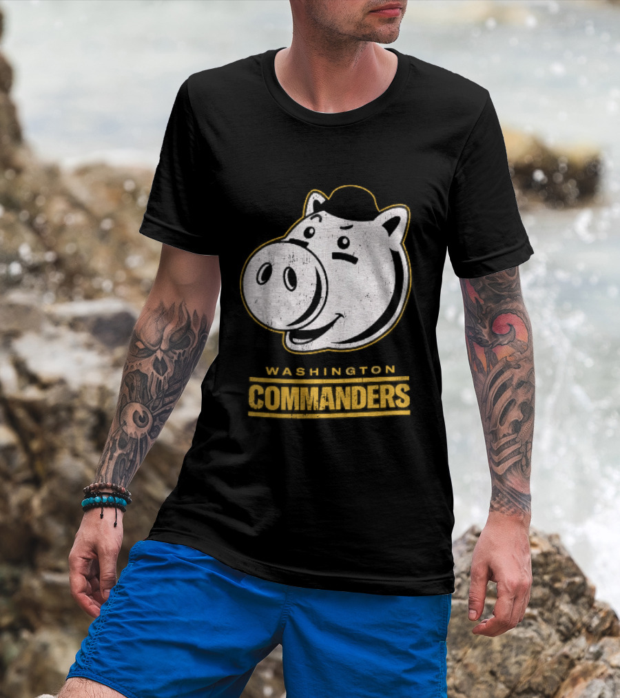 Washington Commanders Distressed Cartoon Pig Hog Hat T-Shirt