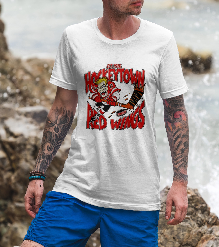Detroit Red Wings Hockeytown Est. 1926 Vintage Cartoon Player With Flaming Hockey Stick T-Shirt