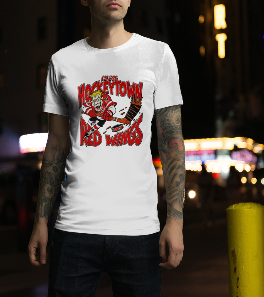 Detroit Red Wings Hockeytown Est. 1926 Vintage Cartoon Player With Flaming Hockey Stick T-Shirt