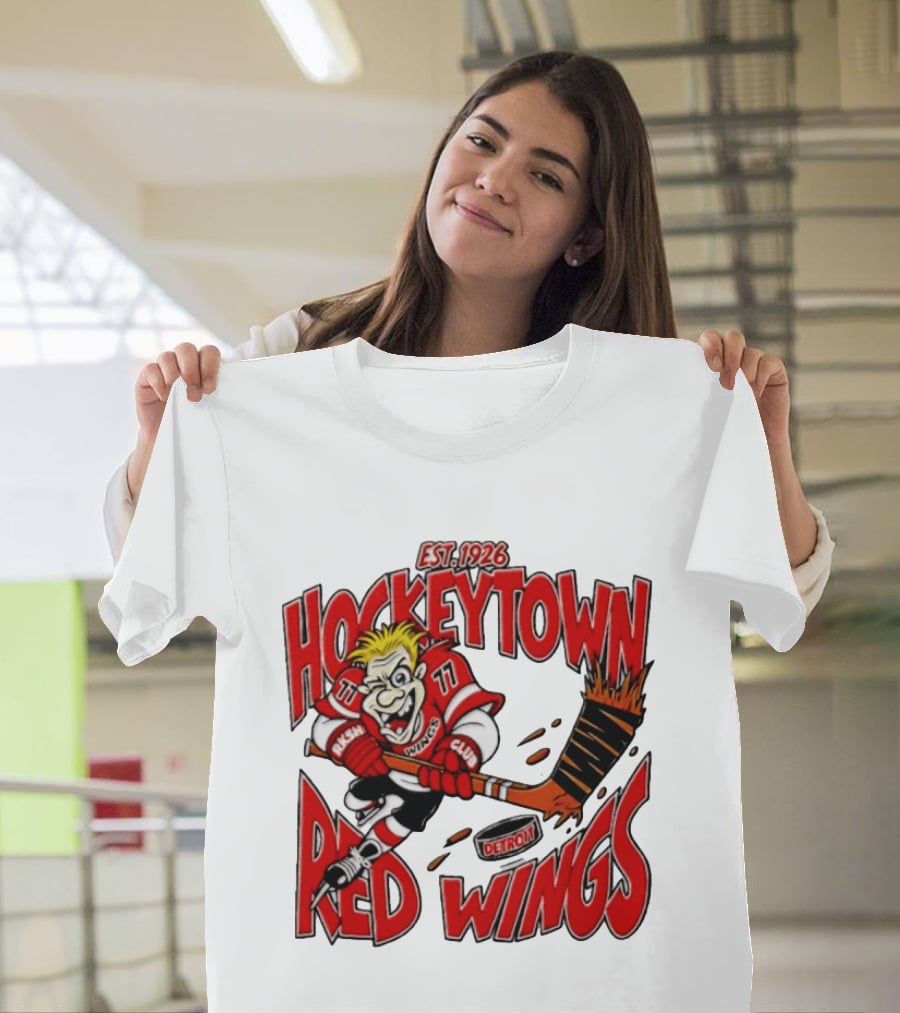 Detroit Red Wings Hockeytown Est. 1926 Vintage Cartoon Player With Flaming Hockey Stick T-Shirt