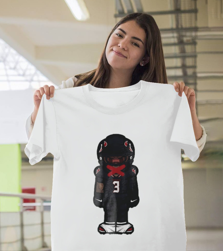 Houston Texans Cartoon Caricature Player Jersey Number 3 Red X Mouth T-Shirt