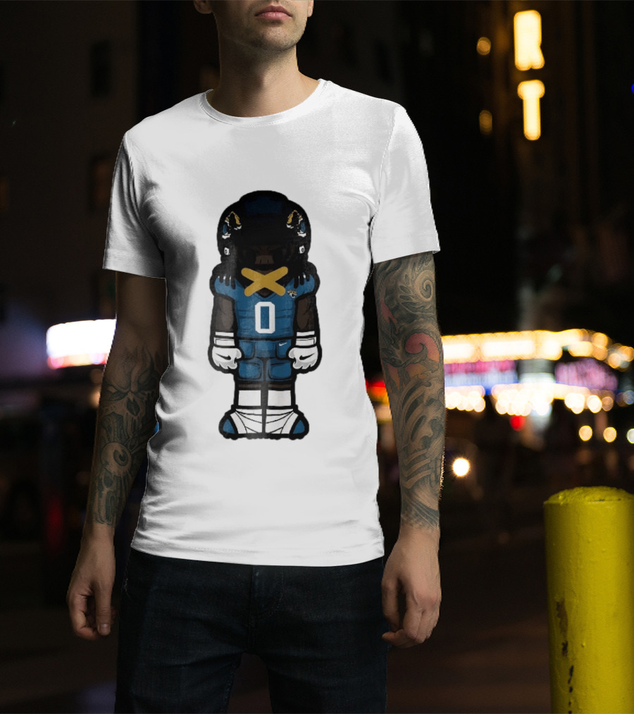 Jacksonville Jaguars Cartoon Caricature Player Jersey 0 Gold Tape Football Team Merchandise T-Shirt