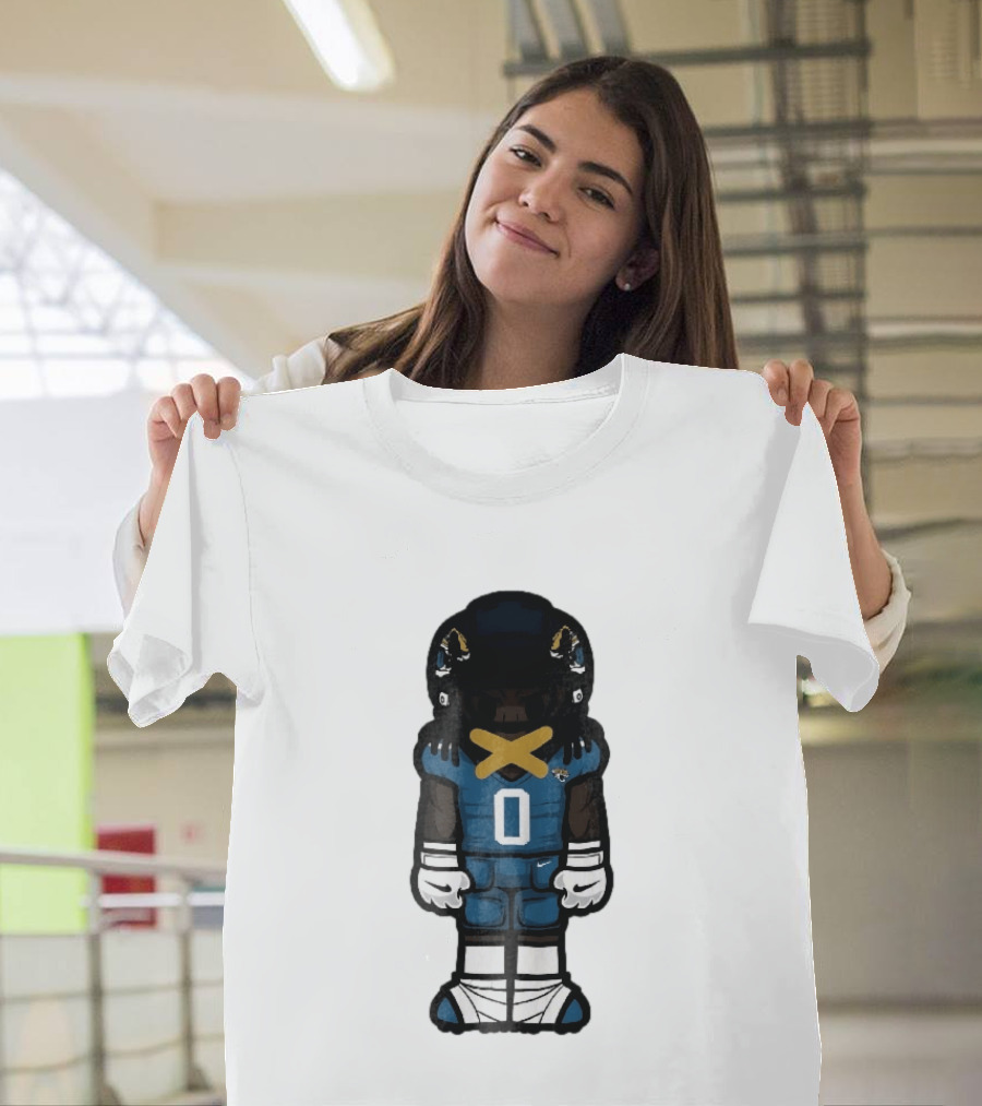 Jacksonville Jaguars Cartoon Caricature Player Jersey 0 Gold Tape Football Team Merchandise T-Shirt