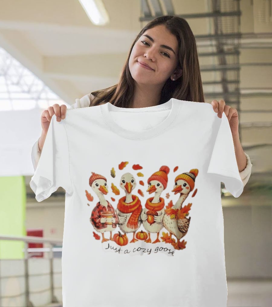 Cozy Goose Autumn Theme Four Cartoon Birds Leaves Pumpkins T-Shirt