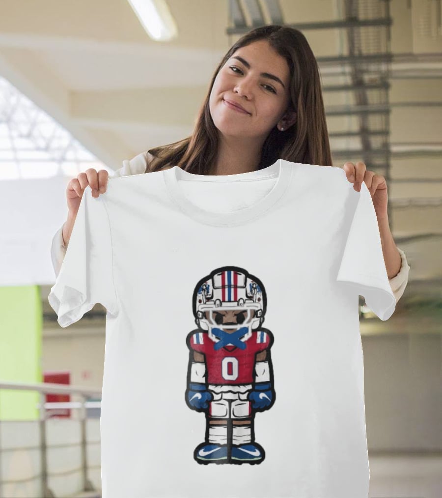 New England Patriots Cartoon Caricature Football Player Red Jersey Number 0 Helmet And Gloves T-Shirt