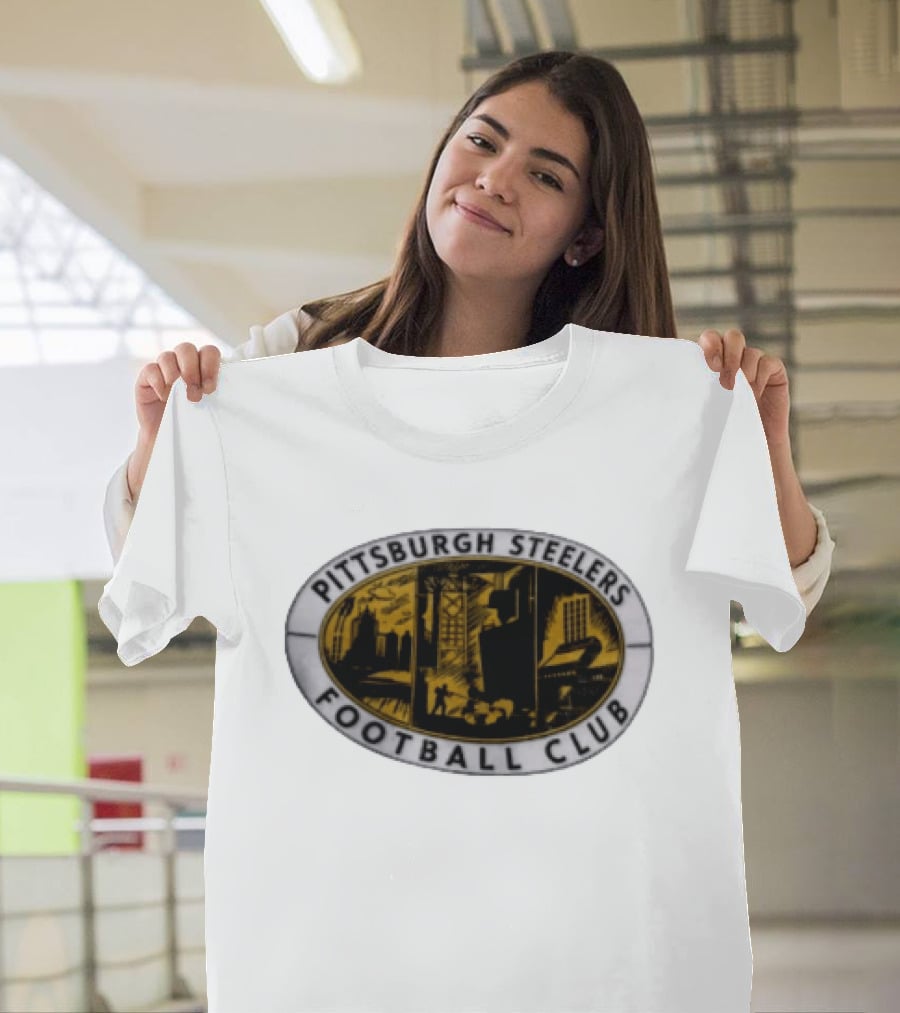 Pittsburgh Steelers Football Club Distressed Oval Emblem Cityscape T-Shirt