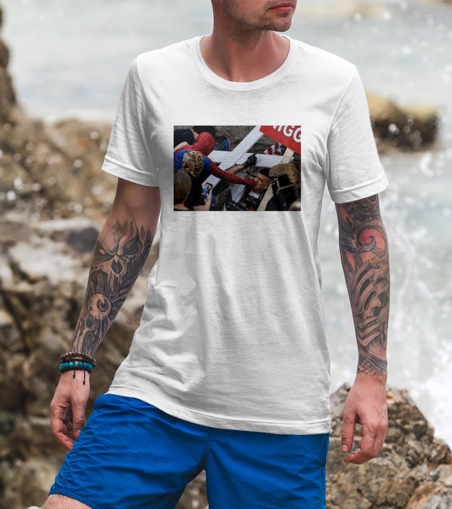 Spiderman Punch A Nazi Protest Scene With Cross And American Flag T-Shirt
