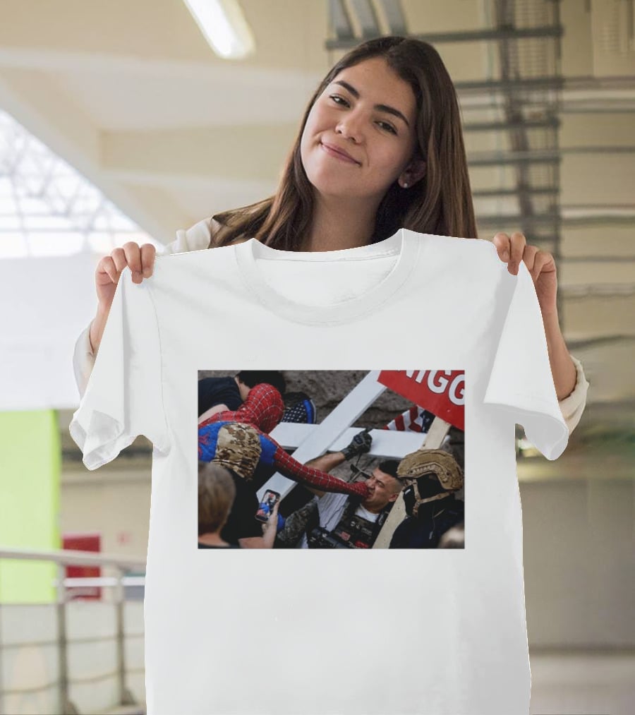 Spiderman Punch A Nazi Protest Scene With Cross And American Flag T-Shirt