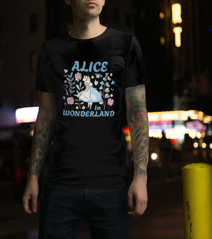 Alice In Wonderland Floral Wonderland With Alice Smelling Flowers T-Shirt