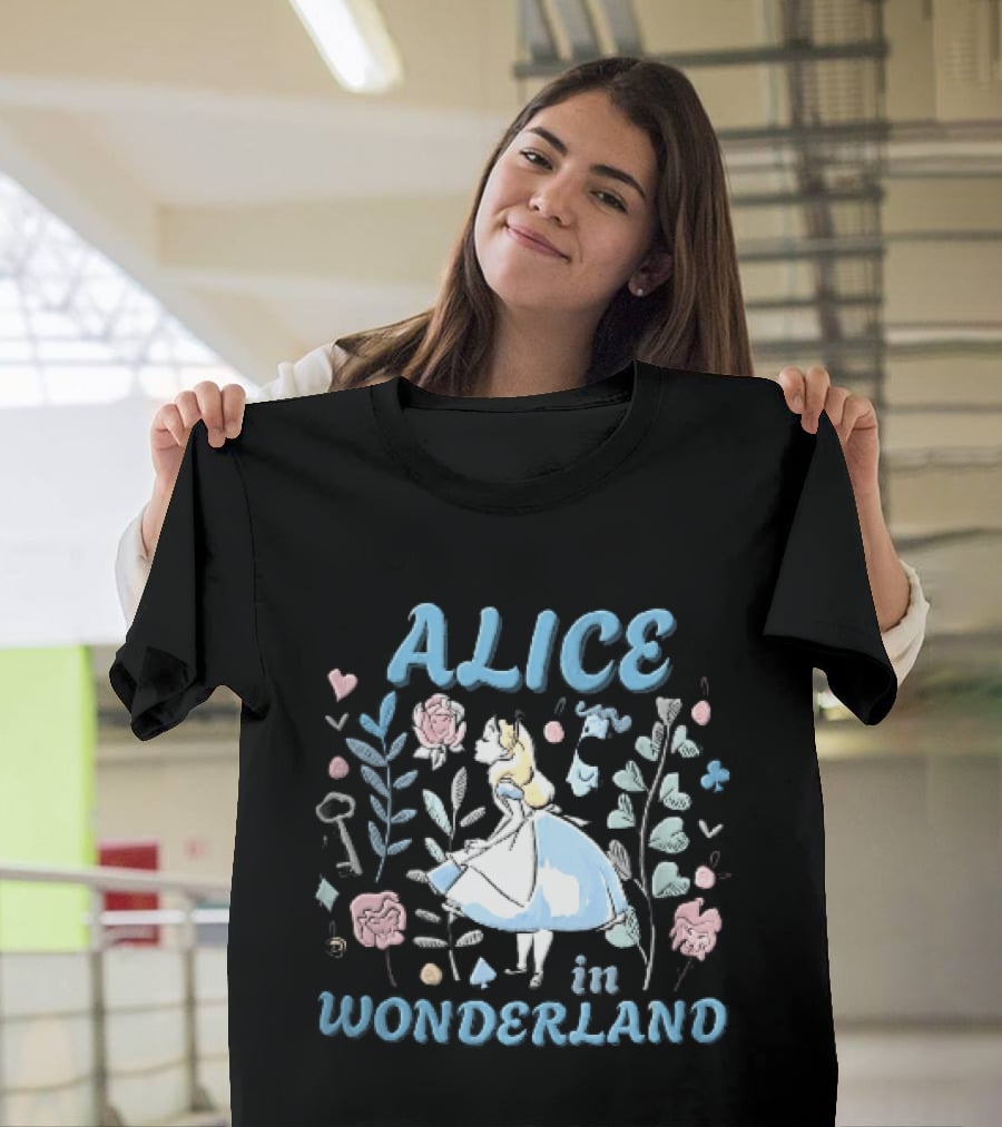 Alice In Wonderland Floral Wonderland With Alice Smelling Flowers T-Shirt