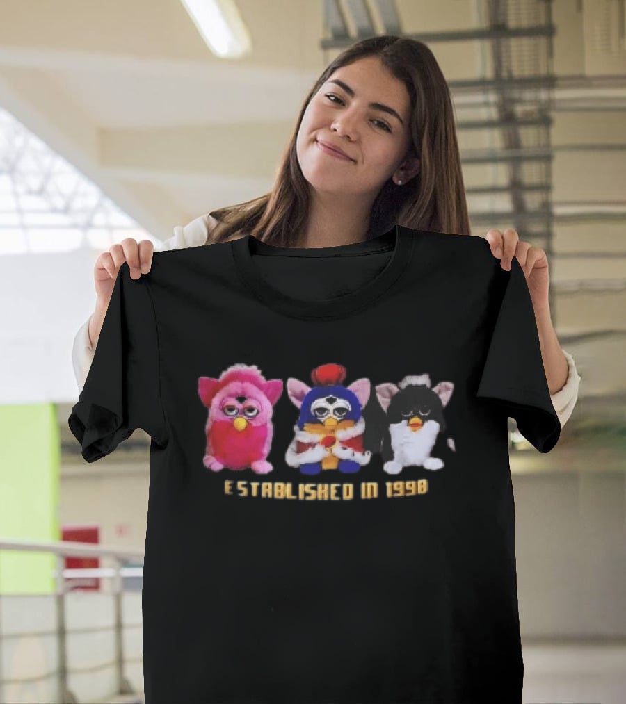 Established In 1998 Three Furby Plush Toys With Crown T-Shirt