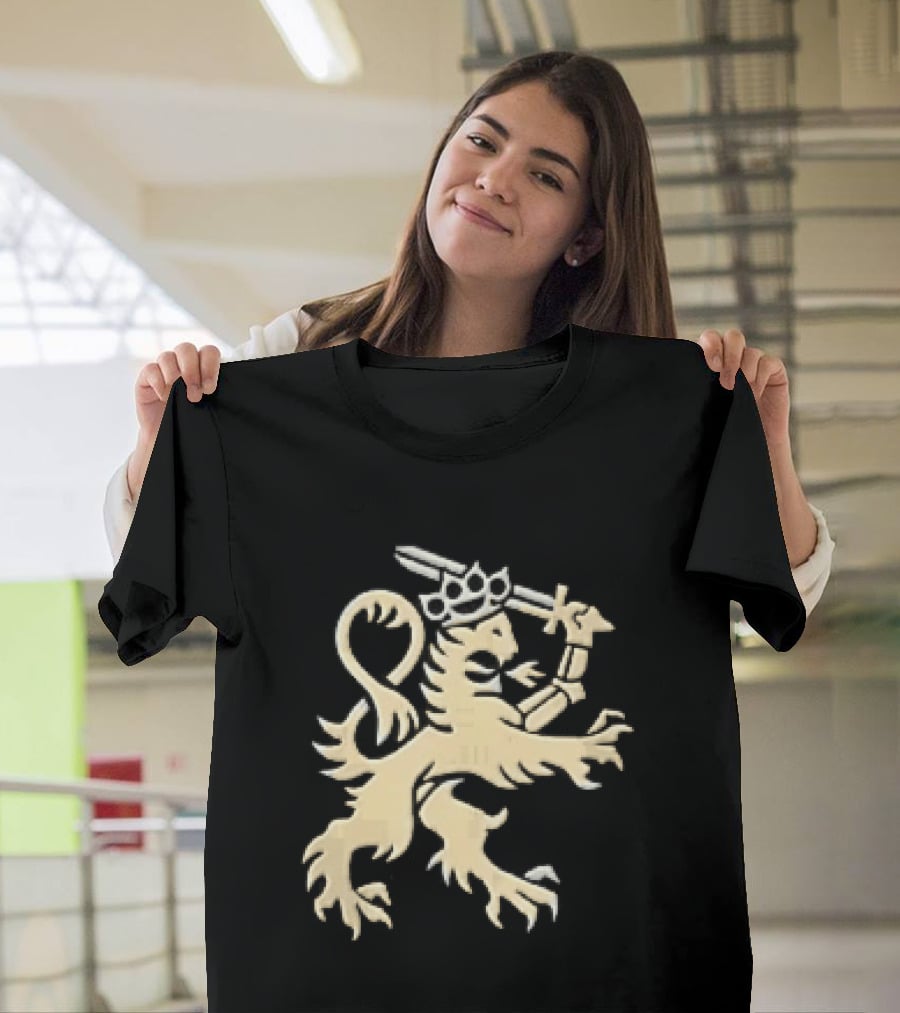 Heraldic Gold Rampant Lion With Crown Sword And Brass Knuckles T-Shirt