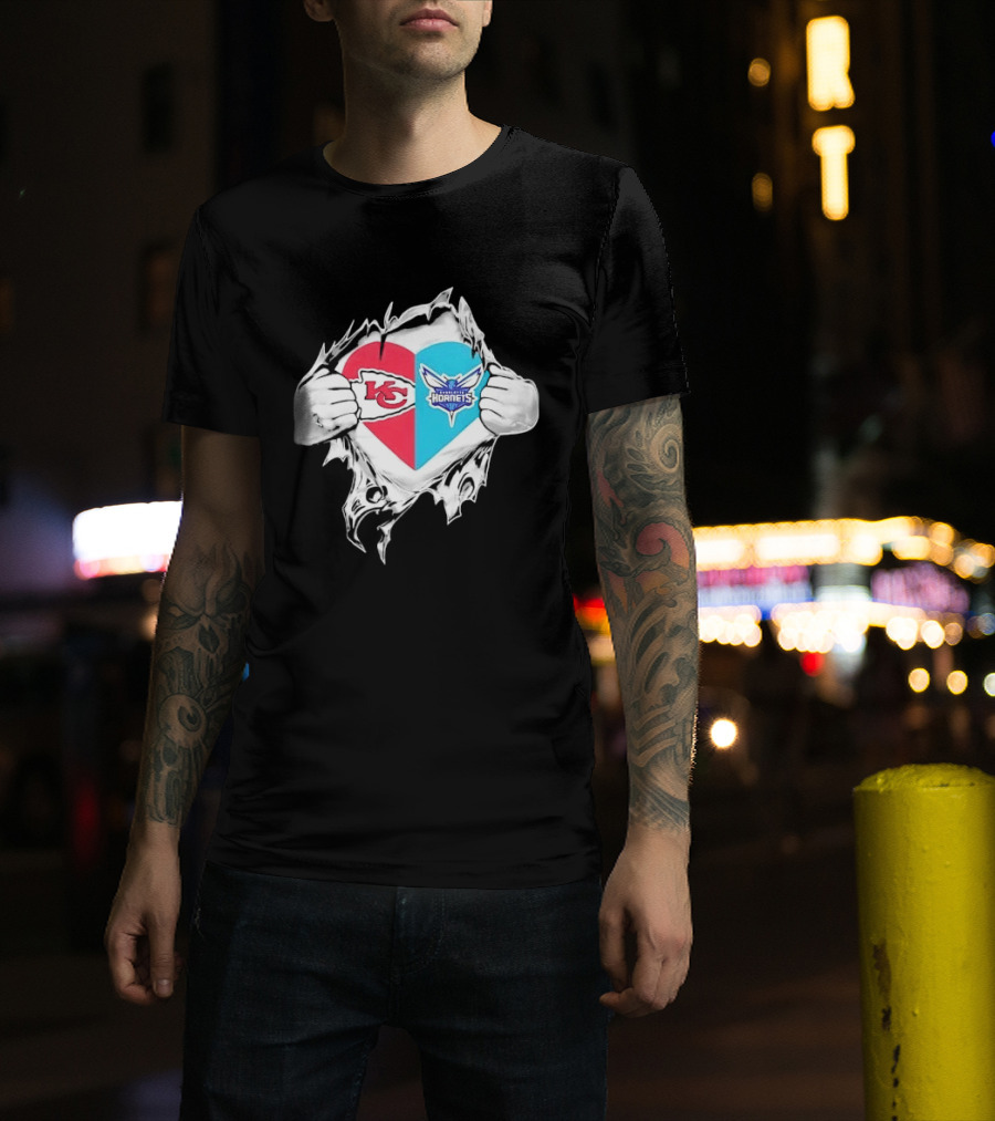 Kansas City Chiefs Charlotte Hornets Heart Hands Ripping Open T-Shirt