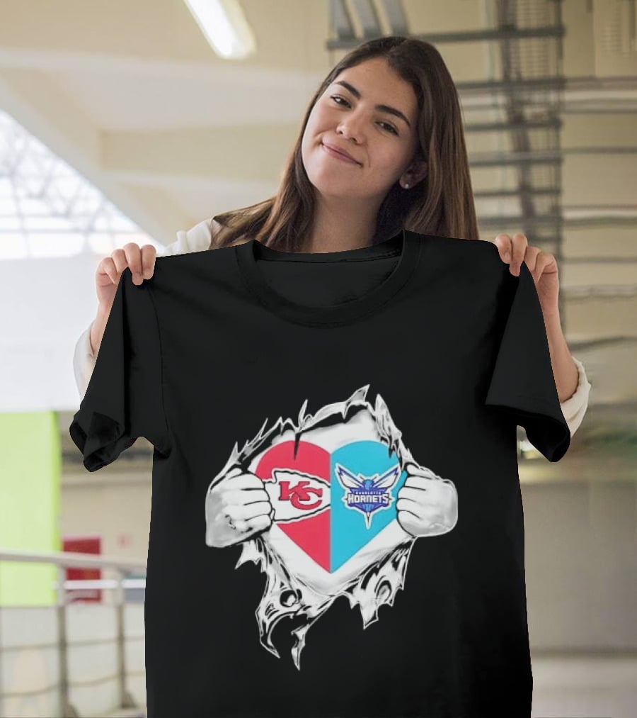 Kansas City Chiefs Charlotte Hornets Heart Hands Ripping Open T-Shirt