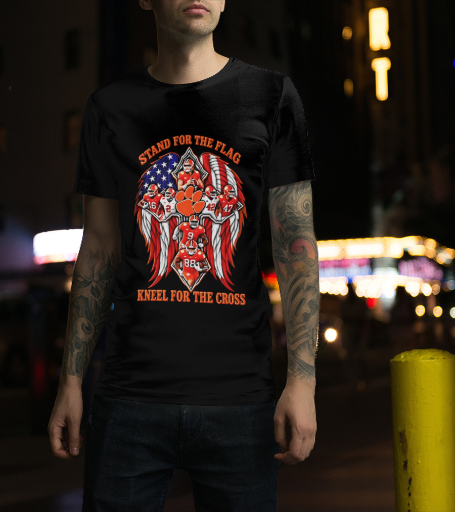 Clemson Tigers Stand For The Flag Kneel For The Cross 2026 American Flag Football Paw T-Shirt