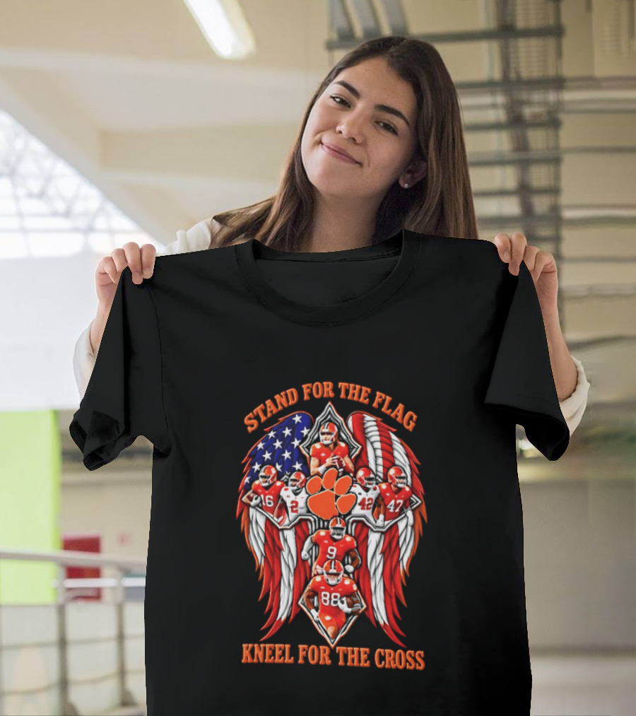 Clemson Tigers Stand For The Flag Kneel For The Cross 2026 American Flag Football Paw T-Shirt