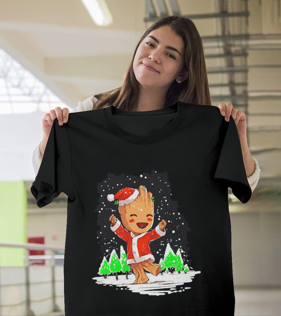 Dancing Santa Groot Christmas Trees Snow Scene T-Shirt