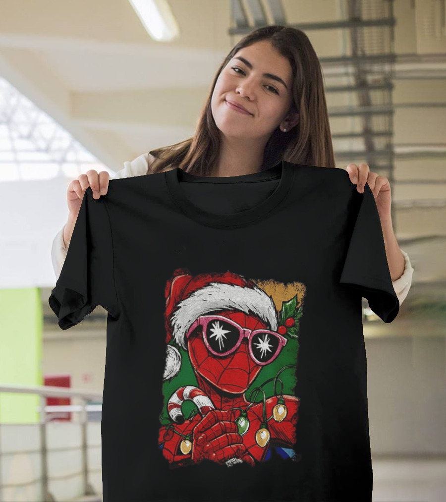 Marvel Spider Man Christmas Santa Candy Cane Festive Lights T-Shirt