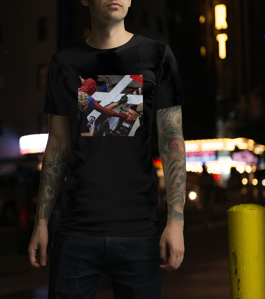 Minneapolis Spider Man Punching Protest Collage With American Flag And Cross T-Shirt
