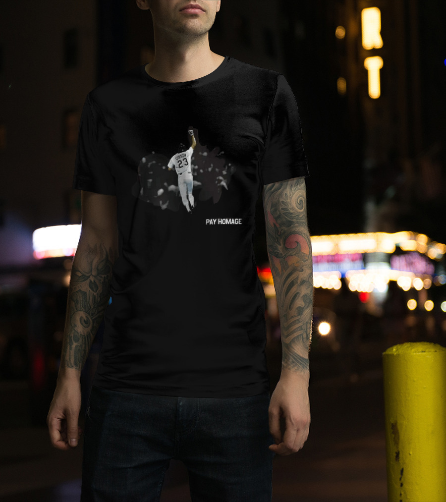 Pay Homage Gibson 23 Baseball Player Fist Pump Back View T-Shirt