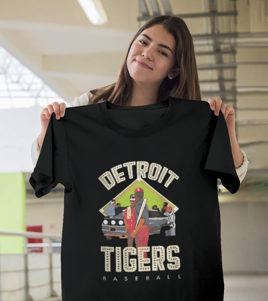 Detroit Tigers Baseball Figures Convertible Car And Bat Scene T-Shirt
