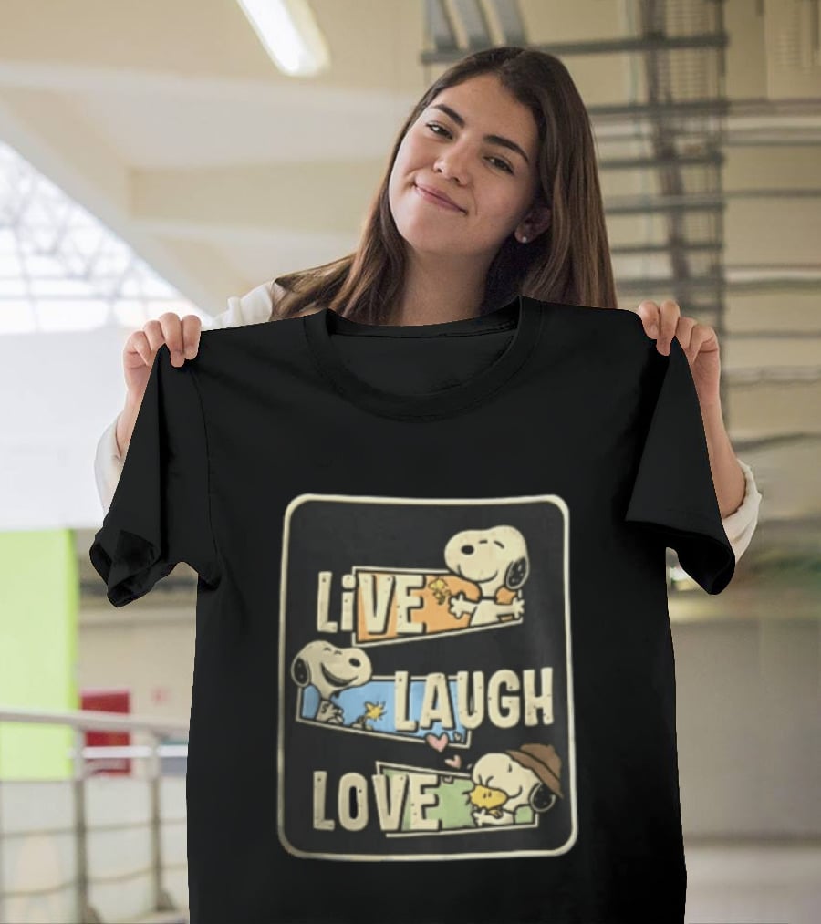 Live Laugh Love Peanuts Snoopy Woodstock Hugging Panels T-Shirt
