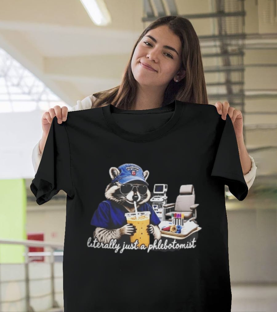 Raccoon Phlebotomist In Scrubs Sipping Drink With Blood Collection Tubes T-Shirt