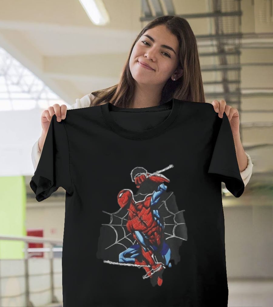 Spider Man Web Swinging Pose Comic Book Line Art Classic Marvel Superhero T-Shirt
