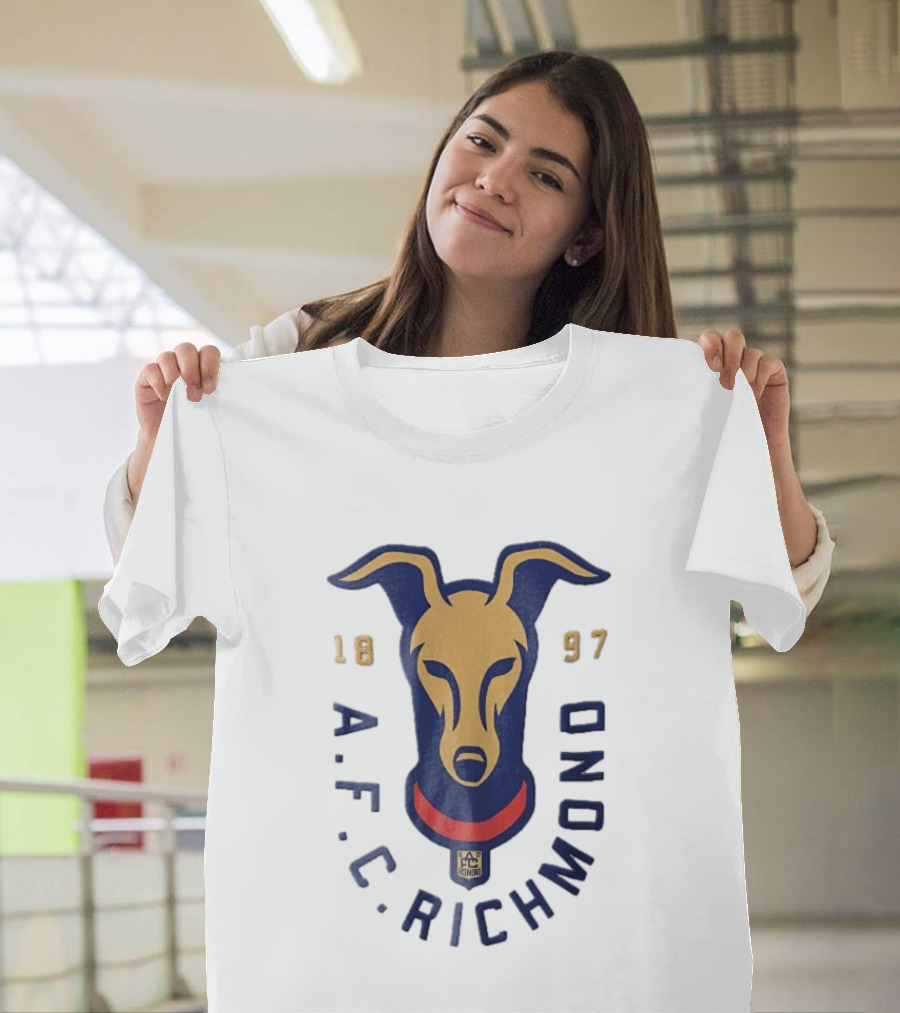 AFC Richmond 1897 Blue And Gold Greyhound Dog Head With Red Collar T-Shirt