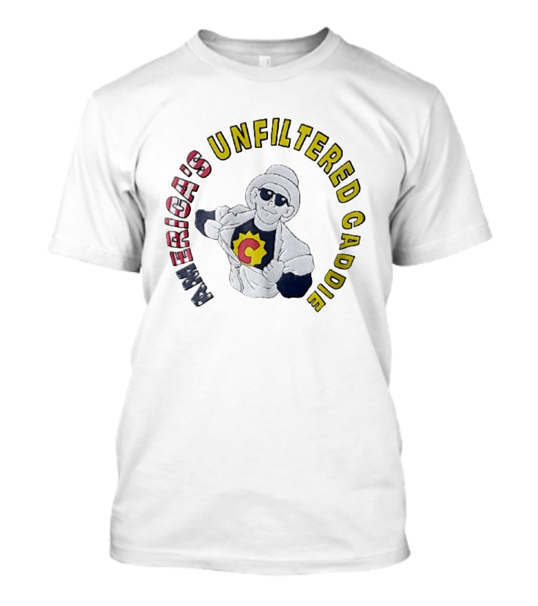 America's Unfiltered Caddie Cartoon Superhero Ripping Open Jumpsuit T-Shirt