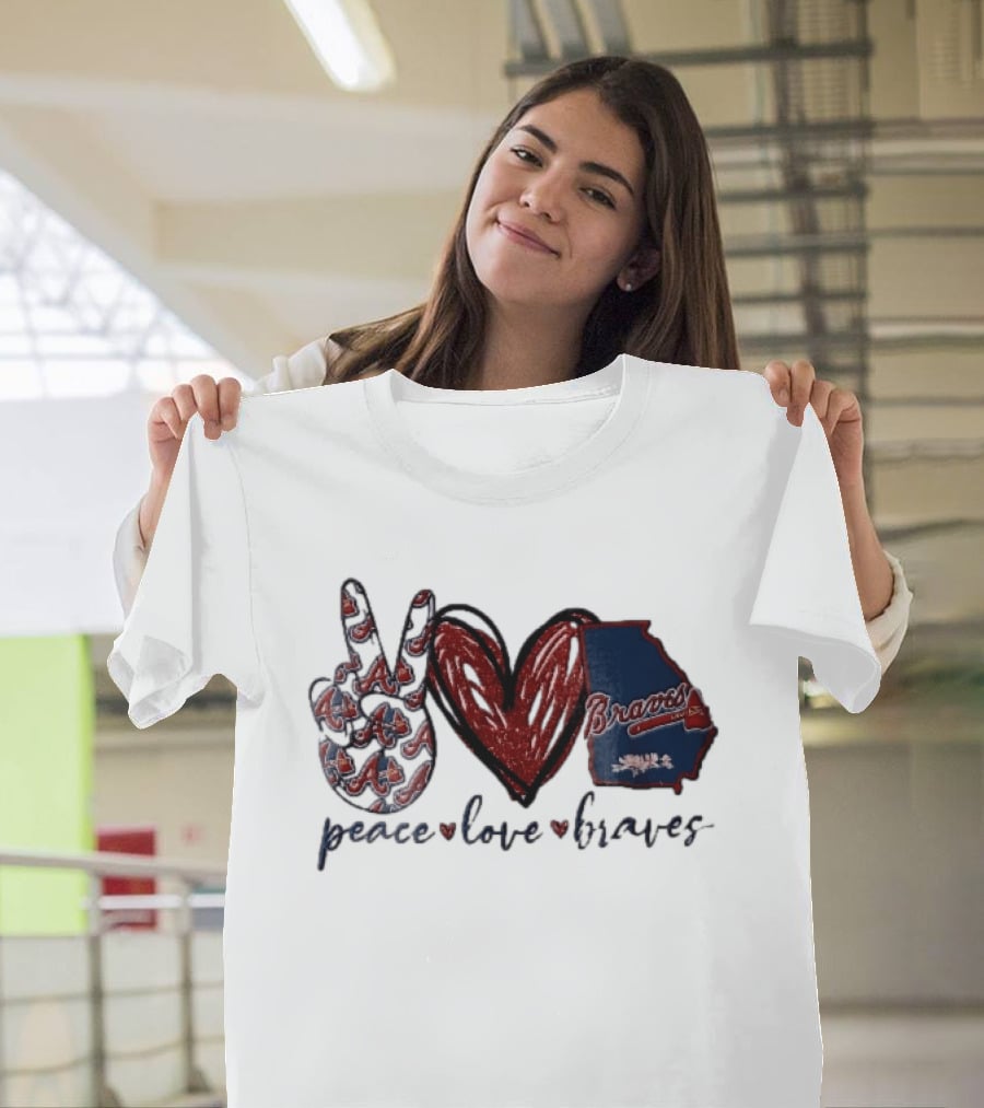 Peace Love Braves Hand Red Glitter Heart Georgia Map T-Shirt