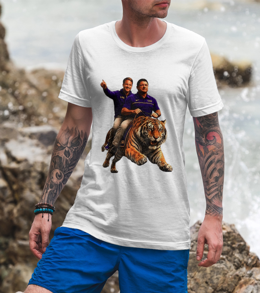 Bayou Brothers Tiger Riding LSU Coach Ed Orgeron Vs Kim Mulkey T-Shirt
